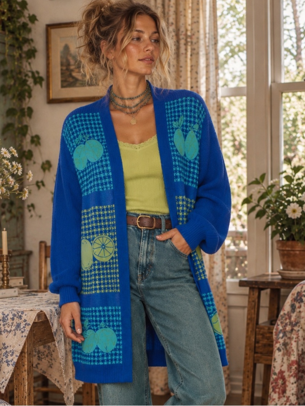 🍋 KRISS Sweden Vintage Fruit Intarsia Cardigan Blue 90s L